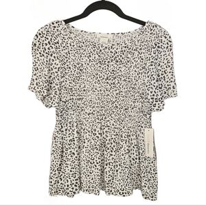 NWT Urban Romantic Smocked Peplum Flutter Sleeve Animal Print Blouse